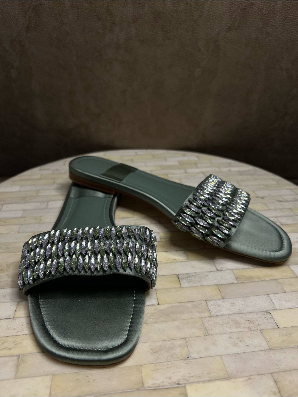 Zara embellished flat slides featuring a jeweled strap size 8.5